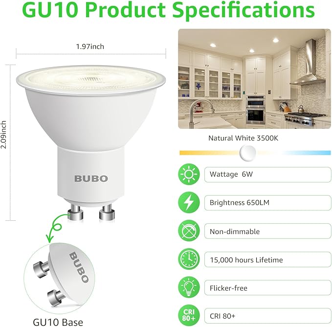 BUBO GU10 LED Bulb 6W Equivalent 50W, 3500K Natural White 650 Lumens, Non-Dimmable GU10 Bulb Replacement for Track Lighting, MR16 LED Bulb for Kitchen, Range Hood, Living Room, Bedroom, 20 Pack