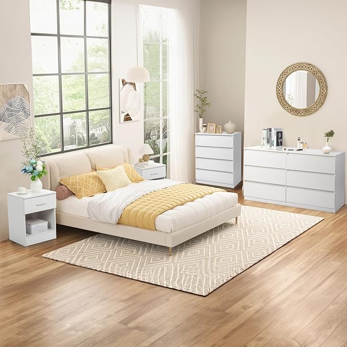 Dresser for Bedroom, Modern Wood Dresser Chest of Drawers, No Handle Storage Cabinet for Girls, Anti-Tipping Device, Living Room, Home Office, Hallway Organizer (White, 4 Drawers)