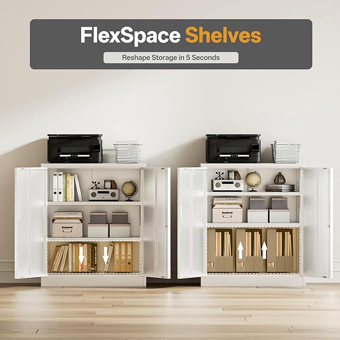 Metal Garage Storage Cabinets，36" Steel File Cabinet with 2 Adjustable Shelves, Lockable Storage Cabinets for Office, Home, Garage, Warehouse 36" H x 32" W x 16" D (White)