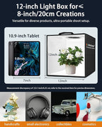 DUCLUS Light Box Photography, 12"x12" Photo Booth Box with 120 LED Lights Dimmable & CRI＞95, Portable Lightbox with 8 Backdrops for Mini Product Photography: Jewelry, Cards, Watches