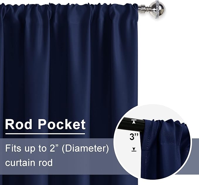 JIUZHEN Blackout Curtains for Bedroom– Thermal Insulated,Noise Reducing Room Darkening Privacy Drapes for Living Room, Set of 2 Panels with Tiebacks, 46 x 54 inch Long, Navy Blue