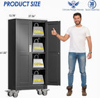 Metal Garage Storage Cabinet with Lock, 61” Tall Lockable File Cabinet with Wheels, Steel Tool Cabinet with 2 Door and 3 Adjustable Shelves, Rolling Cabinet for Home Office Garage Gym - Black