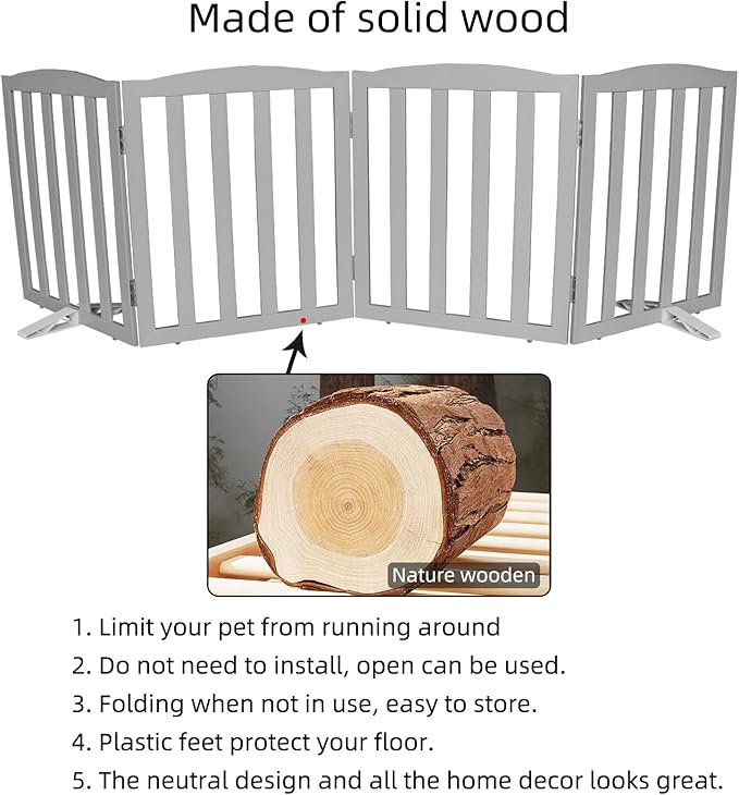 Freestanding Dog Gate Indoor,Doggie Gate Foldable Pet Gates for Doorways,Stairs or Hallways, Wooden Grey Pet Gate for The House, Pet Fence with Support Feet Included,32 "Height-4 Panels