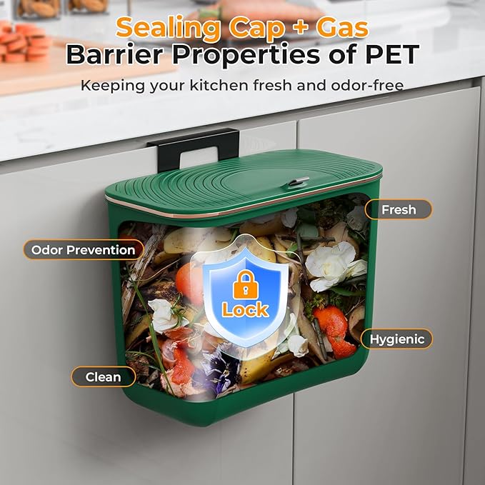 1.9 Gallon Hanging Trash Can - Small Under Sink Trash Can with Lid, Wall Mounted Garbage Bin for Kitchen & Bathroom Cupboard, Odor-Control, Extended Clamping Ring, Green