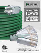 50Ft 12/3 Outdoor Extension Cord with 3-Outlets, Heavy Duty 12 Gauge 3 Prong Extension Cord Waterproof with Lighted end, 15A 12AWG 1875W SJTW, ETL Listed - Great for Garage, Garden and Home, Green