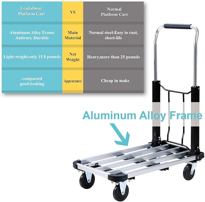 LEADALLWAY Foldable Push Cart Aluminum Alloy Platform Cart with 4-Wheel,Adjustable Length,330-LB Capacity(with 2 Ropes)