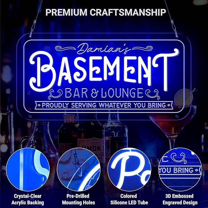Custom Basement Neon Sign for Bar Lounge, Personalized LED Pub Light with Customizable Name Home Bar Man Cave Decor Gifts for Men Dad Husband Beer Lover(Multiple Sizes & Colors)
