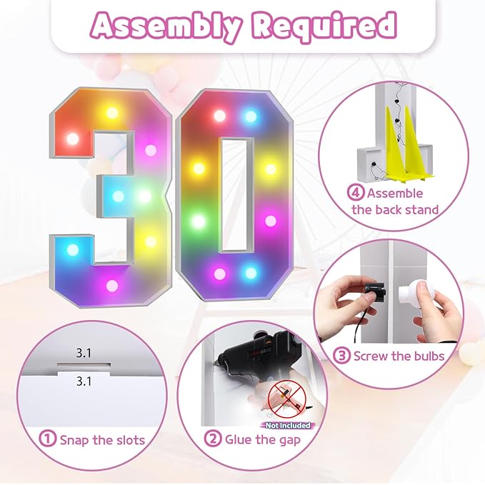 Marquee Numbers 30th Birthday Decoration: Colorful 3FT Large Light Up 30 Year Old Birthday Decorations Anniversary Backdrop Cardboard Sign 18 Colors Number 30 Mosaic Balloon Frame