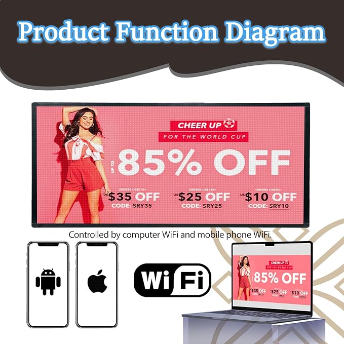 Outdoor Full Color Led Sign WIFI And USB Programmable Led Sign With High Resolution Scrolling Texts, Colorful images and videos LED Advertising Board For Shop (40‘’x17'')