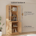 TUSY 71'' Freestanding Tall Storage Cabinet, 5 Tier Wood Bookcase with 3 Drawers and 2 Tempered Glass Doors (AB)