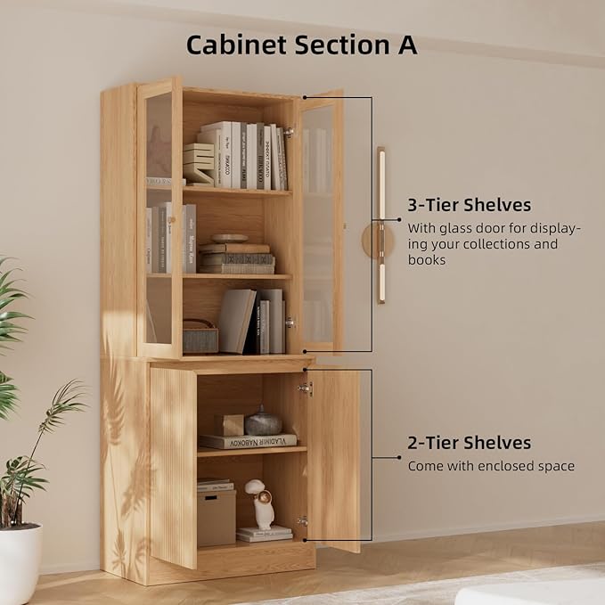 TUSY 71'' Freestanding Tall Storage Cabinet, 5 Tier Wood Bookcase with 3 Drawers and 2 Tempered Glass Doors (AB)