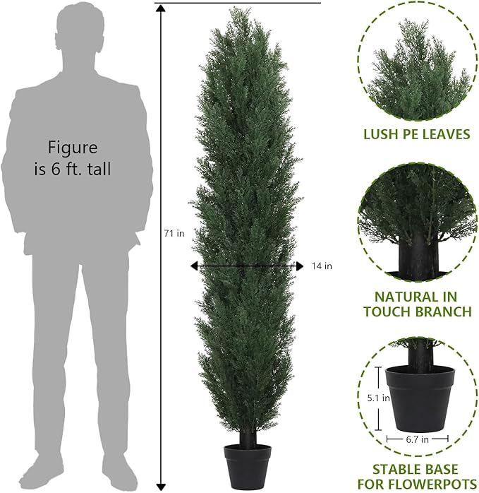 THE BLOOM TIMES 6ft Large Topiary Trees Artificial Outdoor Set of 2, UV Resistant Faux Cedar Pine Cypress Bushes & Shrubs, Fake Plants for Front Porch Outside Planter Patio Decor 6 Foot Tall
