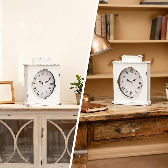 MODE HOME Vintage Mantel Clock with Distressed Finish, Antique Style Battery Operated Metal Decorative Table & Mantel Clock for Living Room Fireplace, Large Decorative Desk & Shelf Clocks for Home