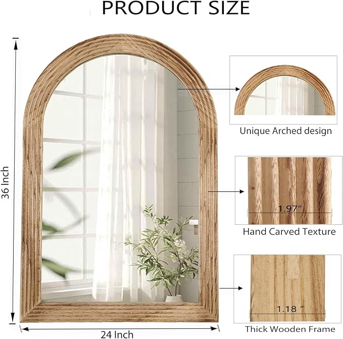 LOSOUR Arched Mirror, Farmhouse Decor Solid Wood Frame Wall Mirror, Bathroom Mirrors, Large Vintage Mirror for Bathroom, Living Room,Bedroom, Entryway, Hallway,Foyer (Brown, 36" L x 24" W)