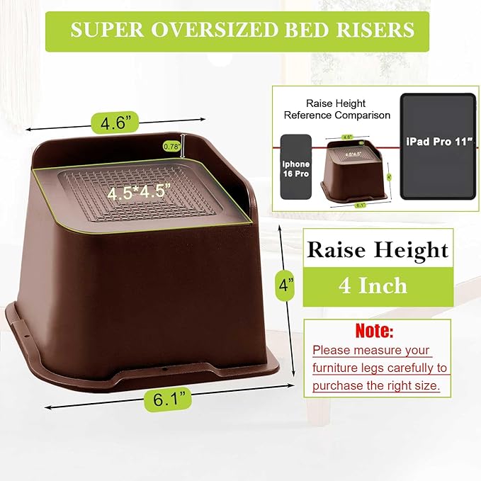 Bed Risers 1 inch, 2 inch, 3 inch, 4 inch, 6 inch, 8 inch Heavy Duty, Oversized Furniture Riser for Couch Sofa Table Chair Leg Frame Dorm, Support up to 6000 Lbs (Chocolat Brown 4 Pack, 4 inch)