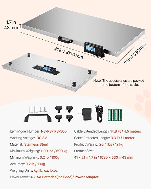 VEVOR 1100Lbs x 0.2Lbs Digital Livestock Scale Large Pet Vet Scale Stainless Steel Platform Electronic Postal Shipping Scale Heavy Duty Large Dog Hog Sheep Goat Pig Sheep Scal