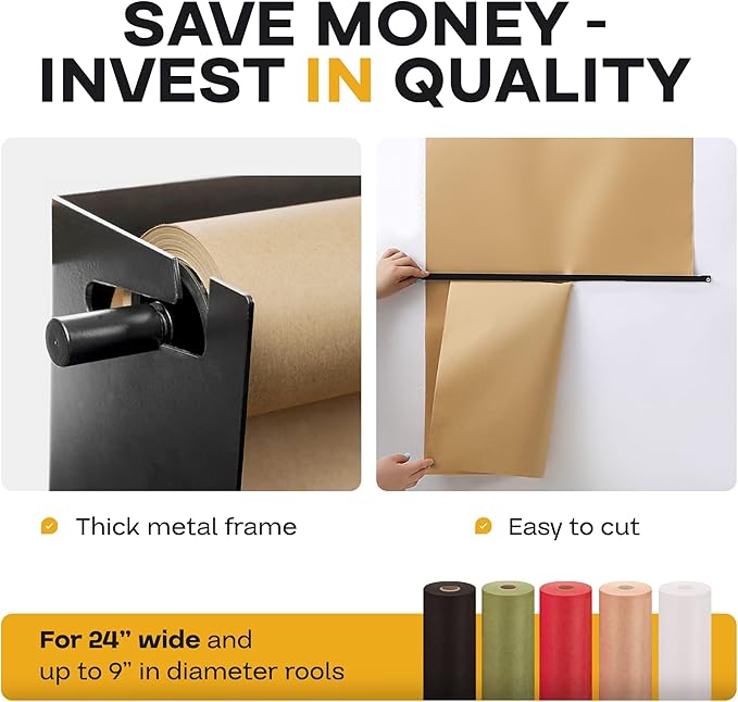 IDL Packaging 24" Wall Mounted Kraft Paper Roll Dispenser & Cutter for Rolls up to 24" Wide and 9" in Diameter – Durable Paper Holder with a Serrated Blade – Wall Mount Set Included