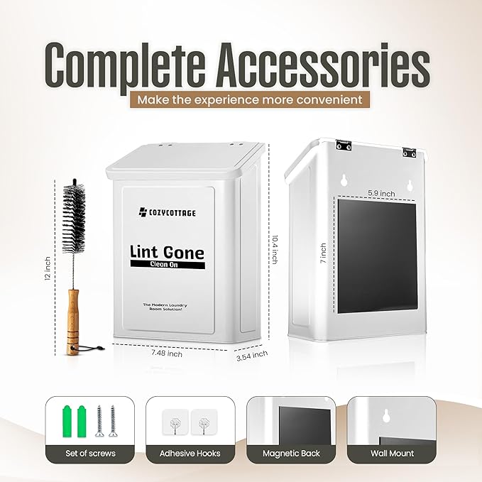 COZYCOTTAGE Magnetic Lint Bin for Laundry Room, Wall Mounted Metal Lint Box Holder Trash Can with Lid for Dryer, Storage Decor with Dryer Lint Basket for Laundry Room Organization, White