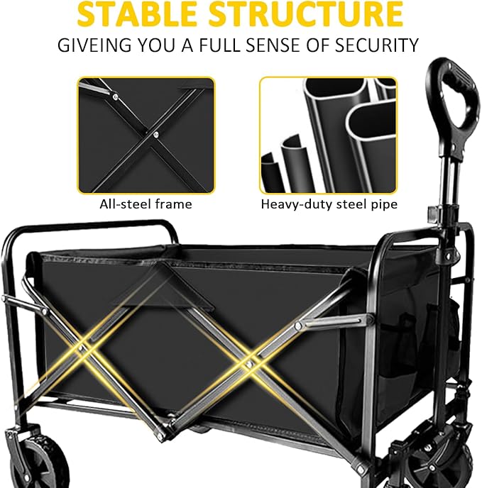 Collapsible Utility Cart Folding Wagon, 220 lbs Capacity Lightweight Rolling Cart with Quiet Wheels, Quick-Fold Design for Camping, Shopping, Ourdoor Use,Black 2PCS