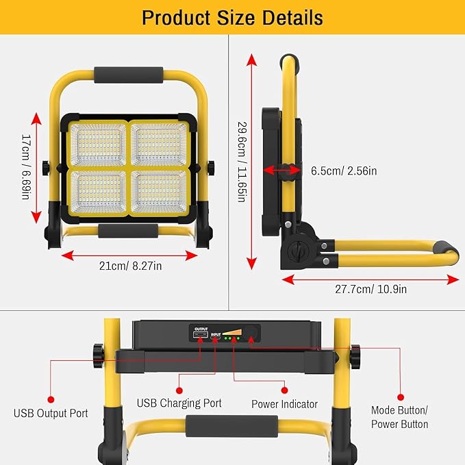 Solar Work Light Rechargeable Spotlight with Stand, MASMEJOR Rechargeable Worklight 12000mAh/ 10000LM/ 336 LEDs/ 4 Lighting Modes, LED Work Light for for Outdoor Camping, Yard, Garage, Hiking