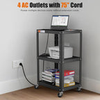 3 Shelf Metal Utility Cart - Durable Computer Cart on Wheels with Power Strip,Height Adjustable AV Presentation Cart Stand for Movie Projector,TV and Laptop Computers,Easy to Assemble, Black