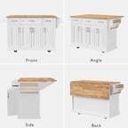 Yayzy Rolling Kitchen Island with Drop Leaf, 3 Drawers & 4 Cabinet Doors, 54” Mobile Kitchen Cart with Rubberwood Top, Side Storage Racks & Locking Wheels for Dining Room & Kitchen, White