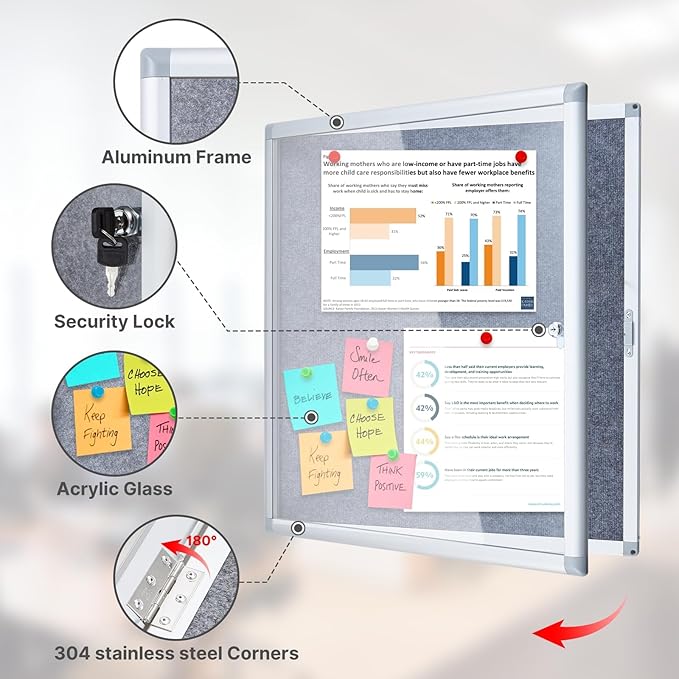 Enclosed Bulletin Board 28x26 Inch Outdoor Notice Board Tamper-Proof Flannel Lockable Display Cases with Aluminum Frame, All Weather Pinboard for Hospital, Restaurant Kitchen, Office