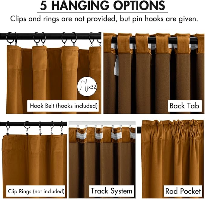 MIULEE Velvet Curtains 96 Inches Long 2 Panels Set for Bedroom, Pinch Pleat Back Tab Thermal Insulated Living Room Darkening Drapes Pleated Blackout Floor to Ceiling Curtains with Hooks, Golden Brown
