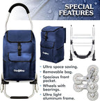Ultra-Lightweight Stair Climber Cart for Groceries & Laundry, Durable 6-Wheel Folding Shopping Cart with Insulated Bag, Blue