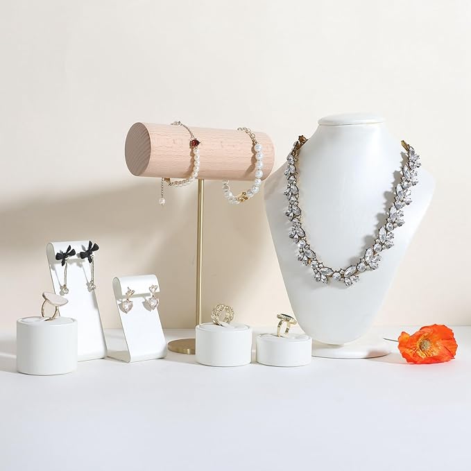 GemeShou Wood Bracelet Display Holder, White Jewelry watch organizer for selling, Retail Bangle Rack T Bar Stand Photo props【Beech Brass Bracelet Holder-High】