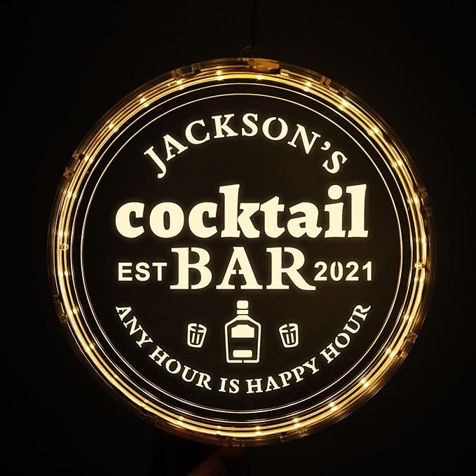 Custom Round Personalized Acrylic Bar Sign - Led, Man Cave Light Up Sign for Home Bar, Shop, or Store Decor