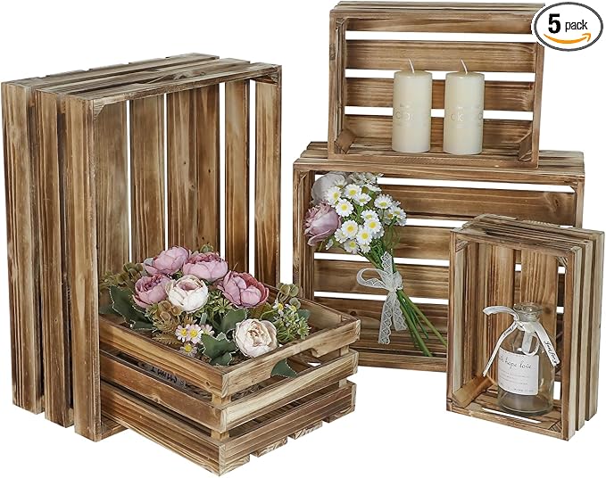 Set of 5 Large Wooden Crates, Nesting Storage Crate with Handles, Rustic Torched Brown Farmhouse Wooden Crates for Display, Wedding Birthday Home Party Living Room Kitchen Decoration
