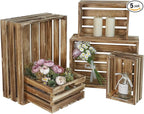 Set of 5 Large Wooden Crates, Nesting Storage Crate with Handles, Rustic Torched Brown Farmhouse Wooden Crates for Display, Wedding Birthday Home Party Living Room Kitchen Decoration