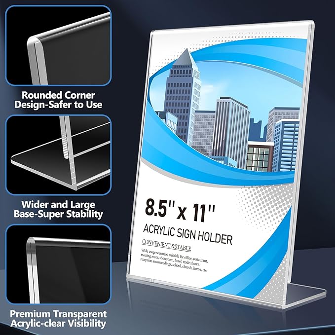 Acrylic Sign Holder 8.5 x 11 10 Pack, Double-Sided Clear Sign Holder Plastic Stands for Display, Table Sign Stands, T Shape Flyer Holder