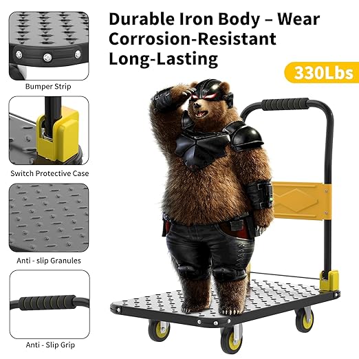 Foldable Push Cart Dolly, 330lbs Flat Bed Carts with Wheels & Anti-Collision Strips, Heavy Duty Platform Truck for Household Tasks, Moving, 360° TPR Mute Wheels, Easy Maneuver, Black Yellow