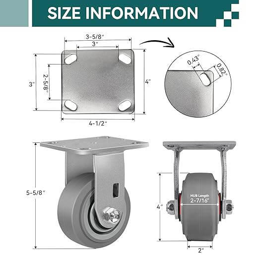 4'' × 2'' Caster Wheels, Heavy Duty Industrial Casters Set of 4 Rubber Wheels, Load 2400lbs Capacity, Casters for Cart Dolly Toolbox Trolley (4 Rigid)