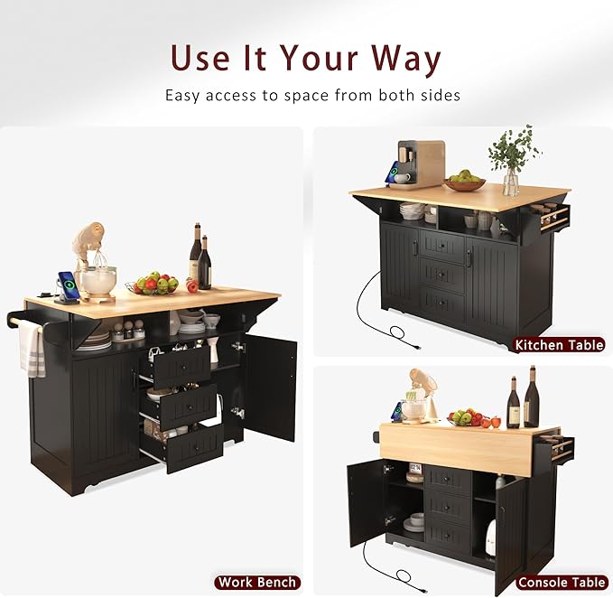 Kitchen Island with 2 Drop Leaf, Home Cart Island on Wheels Foldable Dining Table with Power Outlets,3 Drawers,Storage Cabinet, Tower Rack(Black)