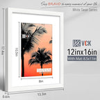 VCK 12x16 Picture Frame 2 Pack - White, High-End Wood Poster Frames with Tempered Glass, Display 8.5x11 Photo with Mat or 12x16 without Mat, Art Gallery-Quality, Wall Hanging, White