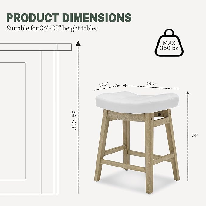 White Bar Stool for Kitchen Counter Island Counter Height Farmhouse Modern Barstool with Faux Leather Upholstered Backless Seat and Solid Wood Legs 24 inch Bar Chair