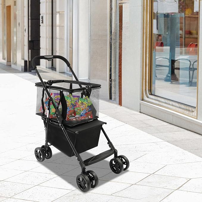 Heavy Duty Folding Shopping Cart with 44.09 lbs Capacity, 2-Tier Foldable Grocery Cart with Removable 56L+33L Bag,Portable Utility Carts for Market, Laundry, Picnic,Outdoor