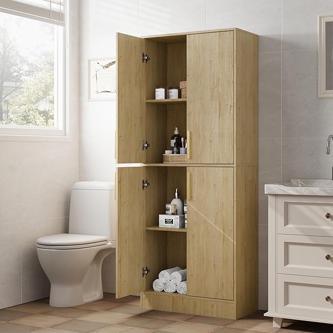 71" Tall Pantry Cabinet with 4 Doors, Kitchen Pantry Storage Cabinet, Freestanding Larder Cupboard, Utility Kitchen Hutch with Gold Handles for Dining Room, Bathroom, Natural