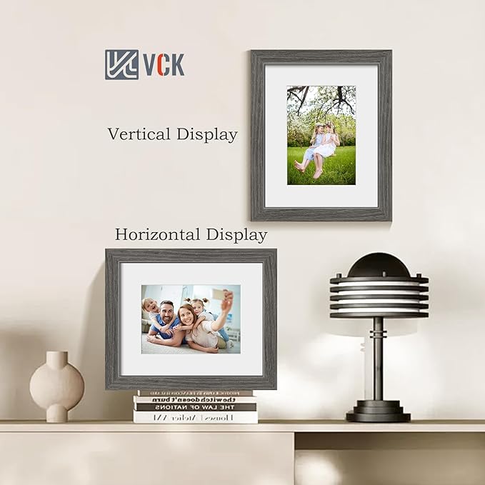 VCK 8x10 Picture Frame 5 Pack - Grey, High-End Wood Poster Frames with Tempered Glass, Display 5x7 Photo with Mat or 8x10 without Mat, Art Gallery-Quality, Wall Hanging/Tabletop, Grey