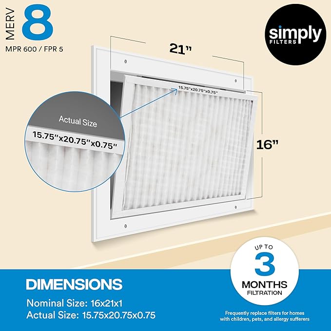 Simply 16x21x1 Air Filter, Merv 8, 6 Pack, For Home AC Furnace & HVAC (Actual Size: 15.75"x20.75"x0.75") DUST, Pet, & Allergy Control