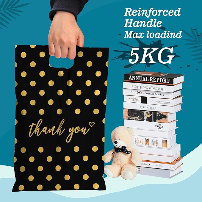 JinRuiKJ Poly Mailers with Handle 10x13 Inch 25 Pcs, Easy to Carry Packaging Bags for Small Business, Thank You Shipping Bags with Self Adhesive Strip, Tearproof and Waterproof - Gold Polka Dot