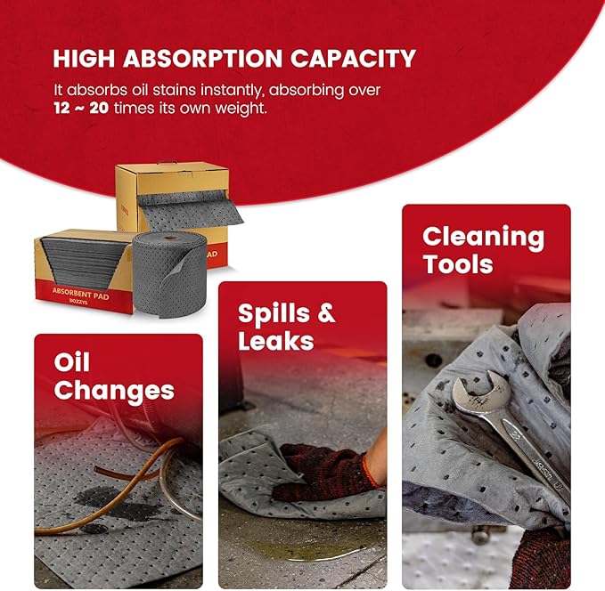 Universal Absorbent Pads Roll | 16"x20" Water Absorbent Mat 100-Pack | Industrial Spill Control for Liquids Leak(16 Gal/Box) | Oil Absorbing Rolls