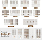 70.8" Tall Farmhouse Bookshelf, Modular Bookcase with Glass Doors, 6-Tier Adjustable Shelves, Large Storage Cabinet for Kitchen, Living Room, White, Set of 4