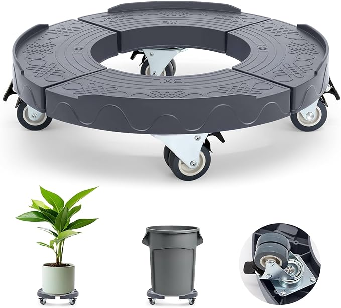 Trash Can Dolly Wheels, Adjustable 15-19 Inch Round Roller with Locking Wheels 440 LBS Heavy Duty Drum Cart Multi Function Rolling Dollies Stand Plant Caddy, Grey