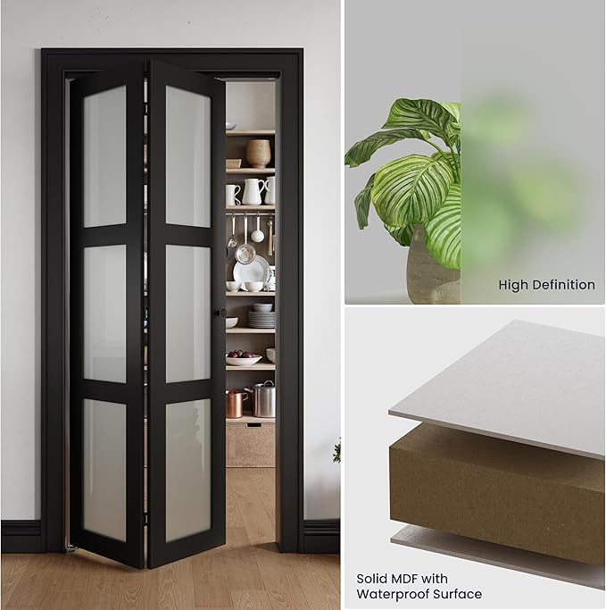 Bifold Doors for 60" x 80" Opening, 3-lite Tempered Frosted Glass Closet Folding Doors with Hardware kit Included, Easy Assembly, Black