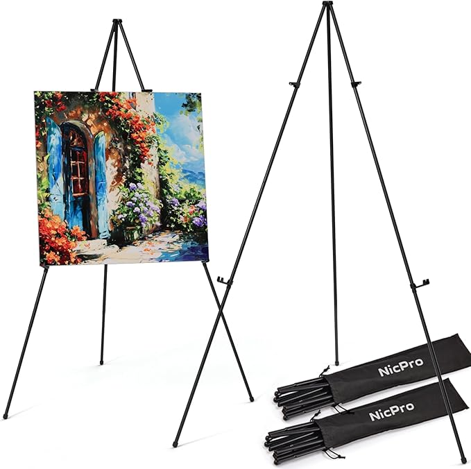 Nicpro Black Easel Stand for Sign, 8 Pack 63" Metal Portable Adjustable Collapsible Easels for Display, Painting, Poster, Wedding Sign with Carry Bag
