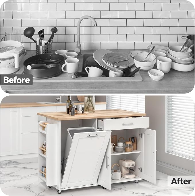 53.9" Rolling Kitchen Island Cart with Drop Leaf & Storage - Mobile Kitchen Organizer with Wheels, Rubberwood Top, Trash Bin Cabinet & Towel Rack, White Farmhouse Style for Small Spaces